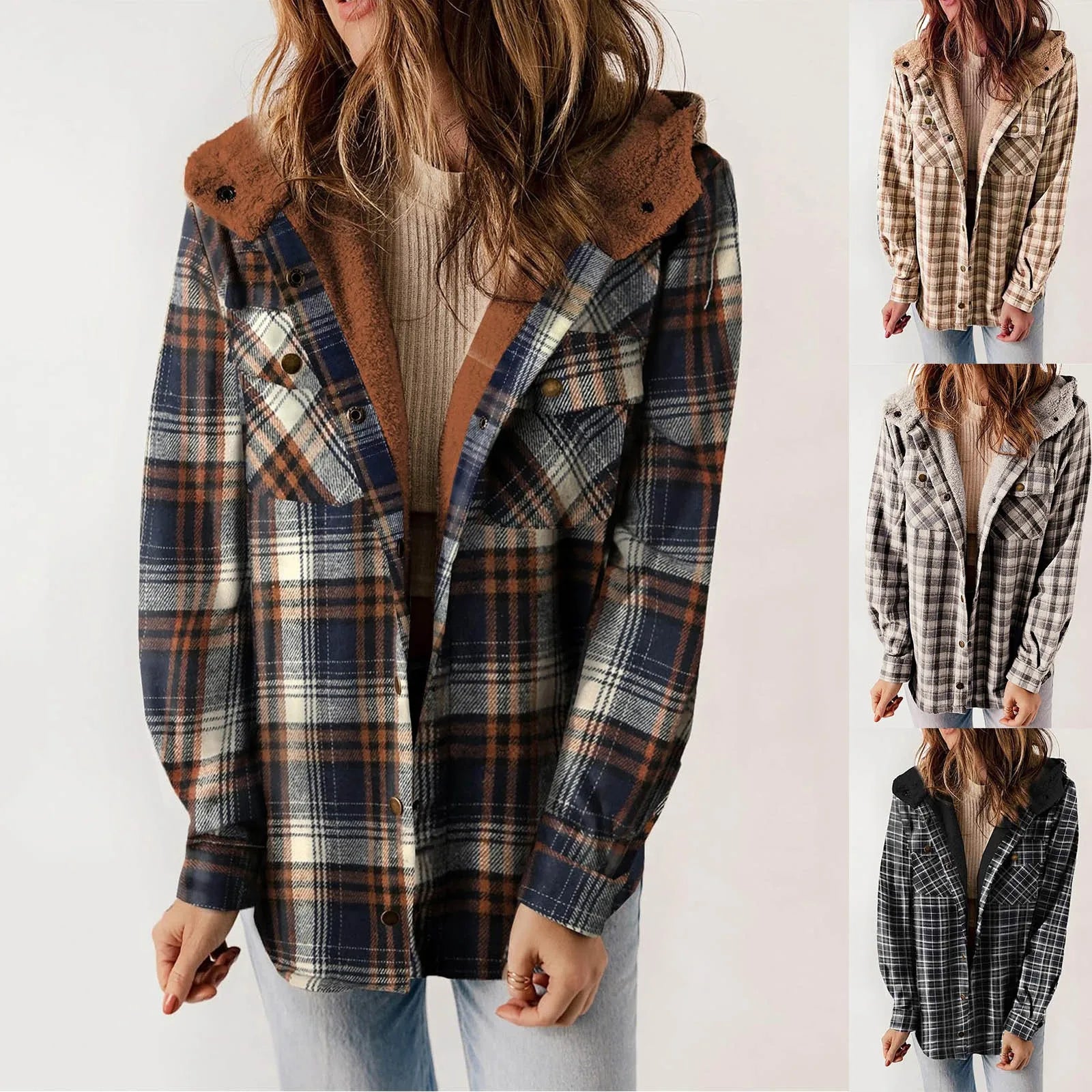 Womens Vintage Plaid Jacket Long Sleeve Button down Fleece Hooded Jackets Winter Thickened Warm Mid Length Loose Fit Coats