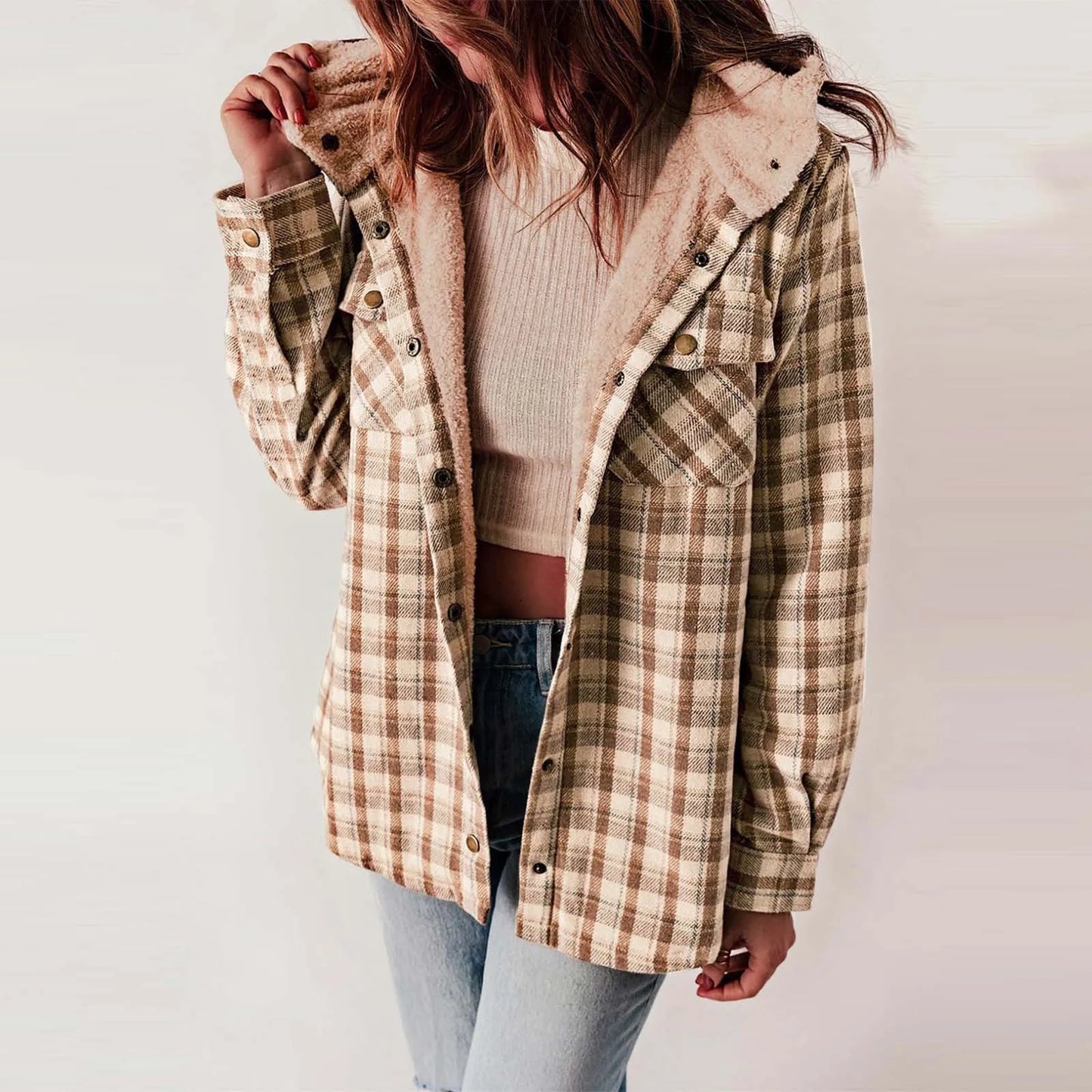 Womens Vintage Plaid Jacket Long Sleeve Button down Fleece Hooded Jackets Winter Thickened Warm Mid Length Loose Fit Coats